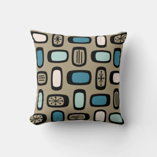 Midcentury MCM Rounded Rectangles Gold Blue Throw Pillow