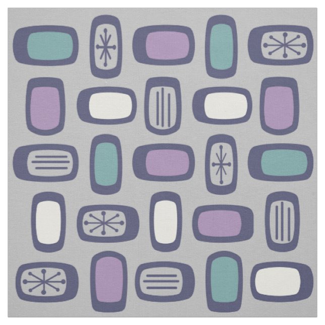 Midcentury MCM Rounded Rectangles Grey Purple Fabric (Swatch)
