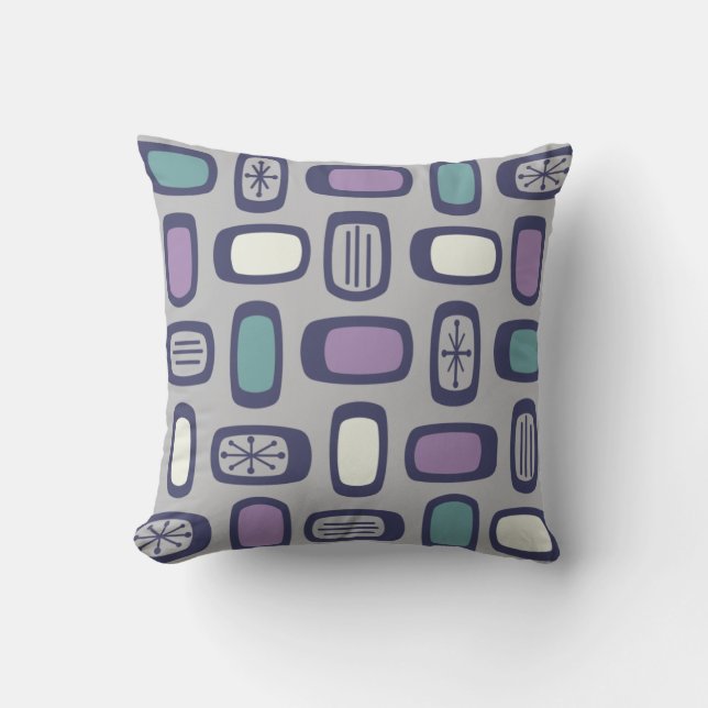 Midcentury MCM Rounded Rectangles Grey Purple Throw Pillow (Front)