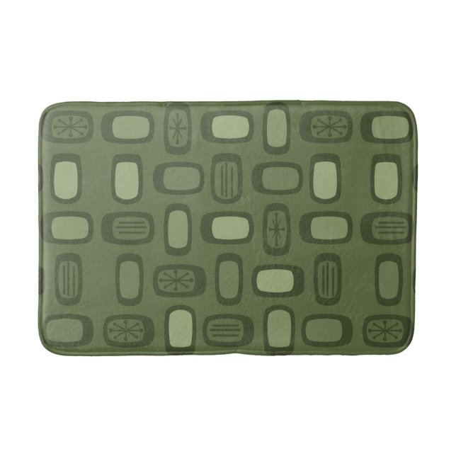 Midcentury MCM Rounded Rectangles Olive Green Bath Mat (Front)