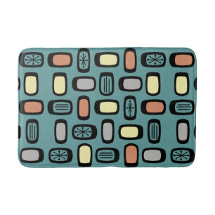Midcentury MCM Rounded Rectangles Turquoise Colorf Bath Mat
