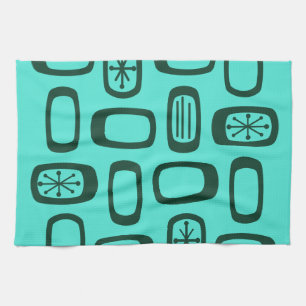 Midcentury MCM Rounded Rectangles Turquoise Kitchen Towel