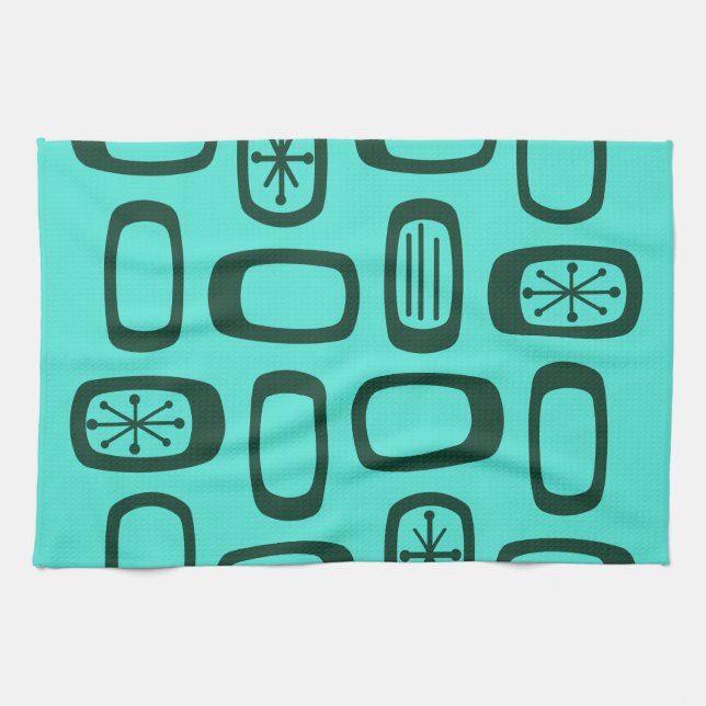 Midcentury MCM Rounded Rectangles Turquoise Kitchen Towel (Horizontal)