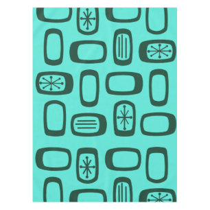 Midcentury MCM Rounded Rectangles Turquoise Tablecloth