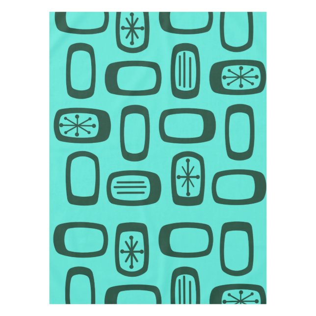 Midcentury MCM Rounded Rectangles Turquoise Tablecloth (Front)