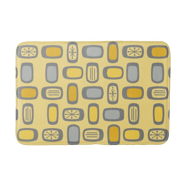 Midcentury MCM Rounded Rectangles Yellow Grey Bath Mat (Front)