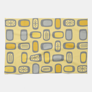 Midcentury MCM Rounded Rectangles Yellow Grey Kitchen Towel