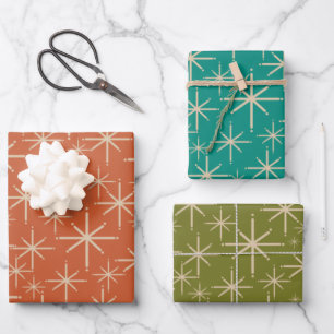 Midcentury Mod Retro Starbursts Orange Teal Olive Wrapping Paper Sheet