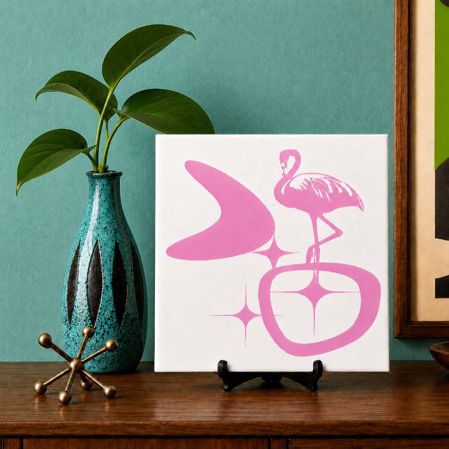 Midcentury Modern Atomic Retro Shape Pink Flamingo Tile (midcentury modern pink flamingo with starbursts and boomerang shape displayed in Palm Springs room)