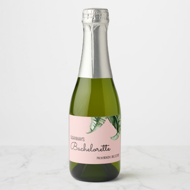 Midcentury Modern Banana Leaf Bachelorette Favour Sparkling Wine Label (Front)