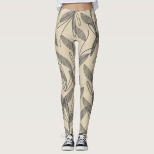 Midcentury Modern Botanical Pattern Grey Beige Leggings