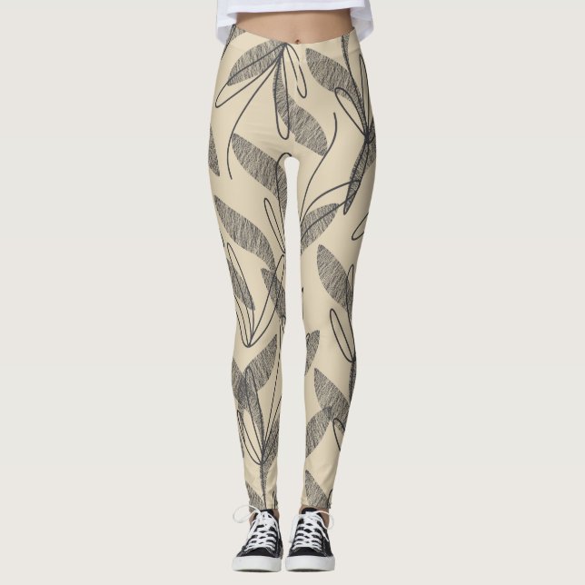 Midcentury Modern Botanical Pattern Grey Beige Leggings (Front)