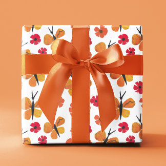 Midcentury Modern Butterfly Poppy Red Orange Wrapping Paper