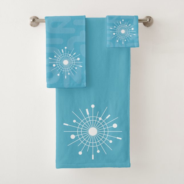 Midcentury Modern Christmas Snowflake Atomic Bath Towel Set (Insitu)