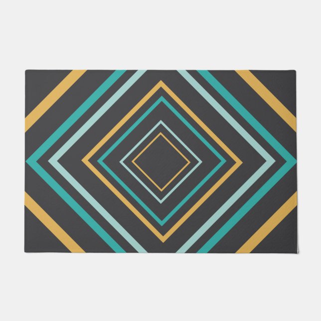 Midcentury Modern Diamonds Turquoise and Gold Doormat (Front)