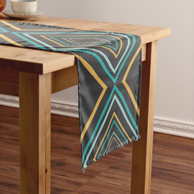 Midcentury Modern Diamonds Turquoise and Gold Short Table Runner (In Situ)