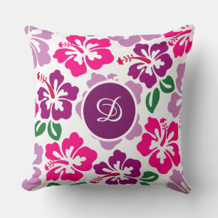 midcentury modern hibiscus tropical floral pattern throw pillow