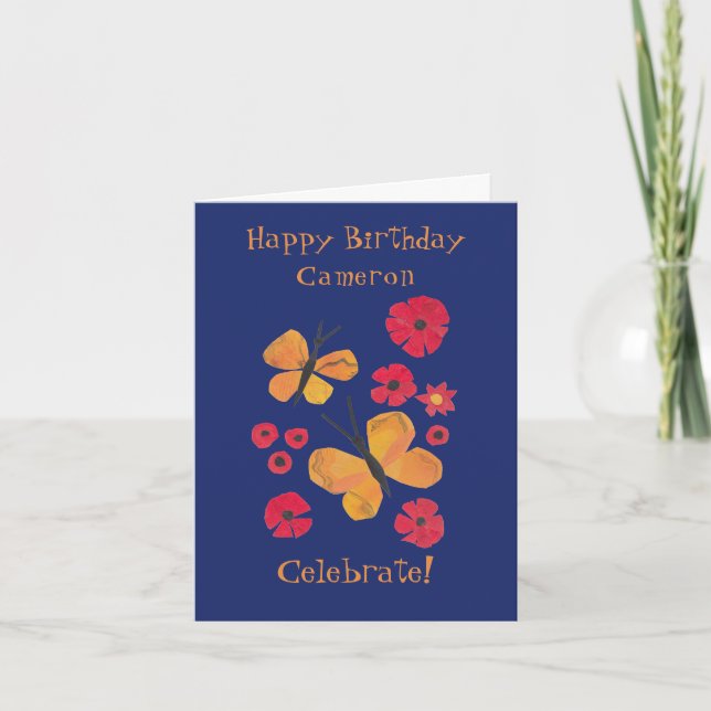 MidCentury Modern Orange Butterfly Cute Birthday Card (Front)