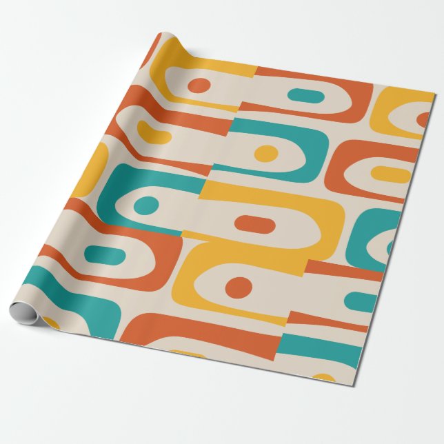 Midcentury Modern Piquet Abstract Teal Orange Wrapping Paper (Unrolled)