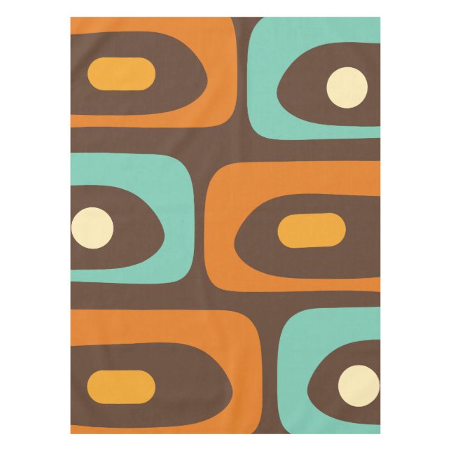 Midcentury Modern Piquet Pattern Brown Orange Teal Tablecloth (Front)