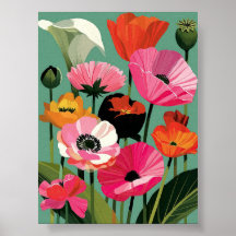 Midcentury Modern Poppy Floral Wall Art