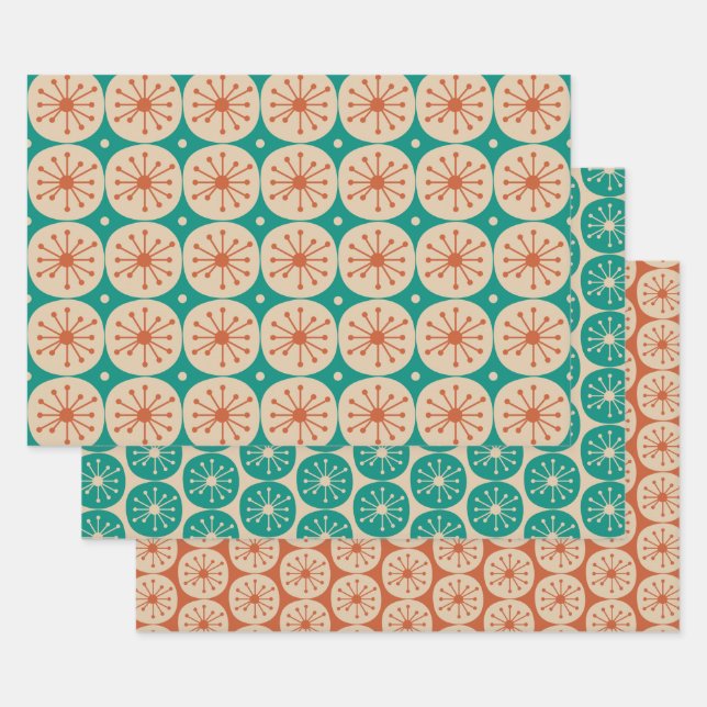 Midcentury Modern Retro Atomic Dots Teal Orange Wrapping Paper Sheet (Set)