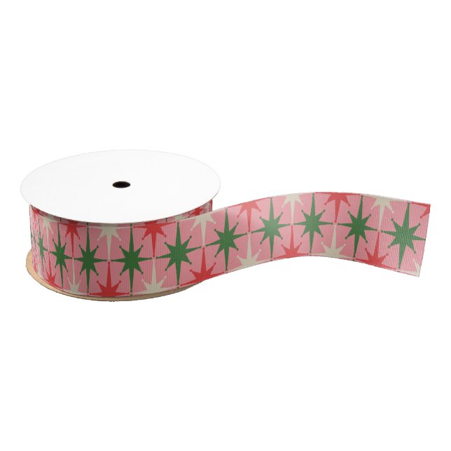 Midcentury Modern Retro Christmas Starbursts Pink Grosgrain Ribbon (Spool)
