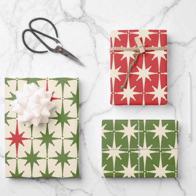 Midcentury Modern Retro Christmas Starbursts Wrapping Paper Sheet (Front)