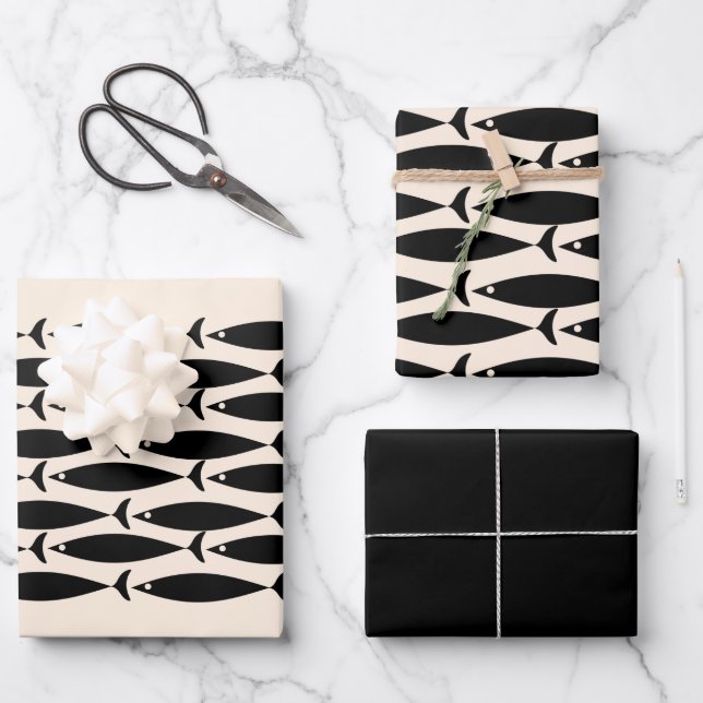 Midcentury Modern Retro Fish Black & Almond Cream Wrapping Paper Sheet (Front)