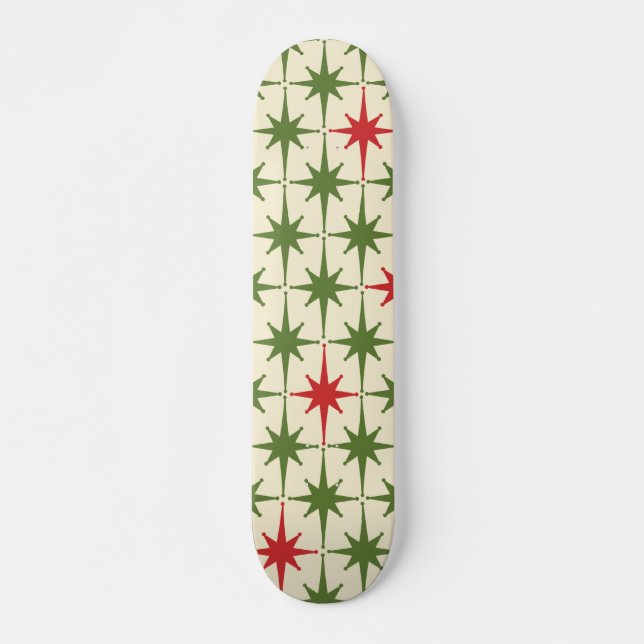 Midcentury Modern Retro Starbursts Red Green Cream Skateboard (Front)
