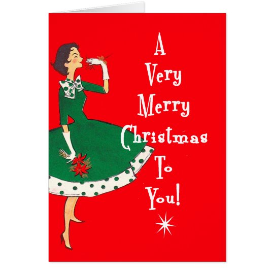 MidCentury Modern Single Girl Merry Christmas Red Card