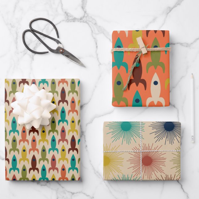 Midcentury Modern Space Age Patterns Wrapping Paper Sheet (Front)
