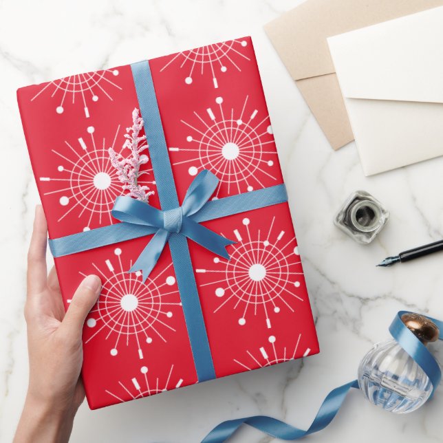 Midcentury Modern Sputnik Snowflake Christmas Red Wrapping Paper (Gifting)