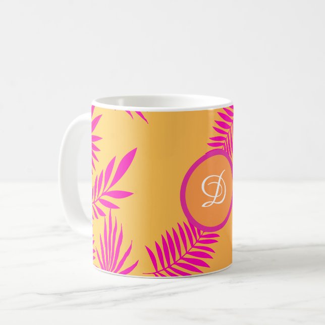 midcentury modern tropical leaves pink orange coffee mug (Front Left)