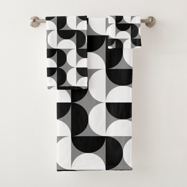 Midcentury Pattern Bowls Black White Bath Towel Set (Insitu)