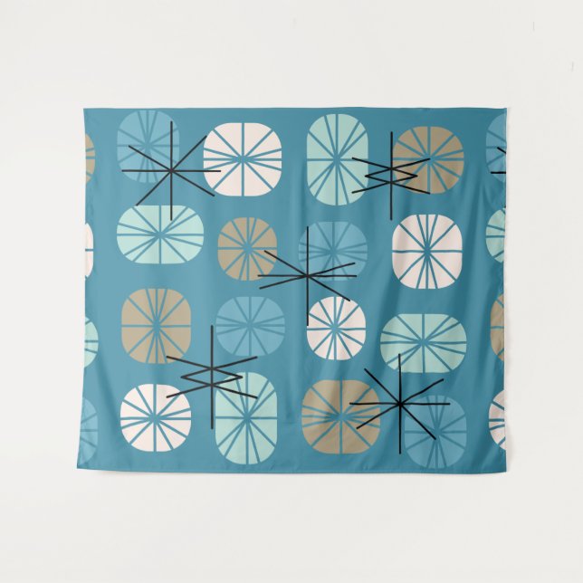 Midcentury Pattern Oblongs Teal White Gold Tapestry (Front (Horizontal))