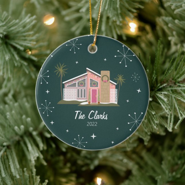 Midcentury Pink House Christmas Ceramic Ornament (Tree)