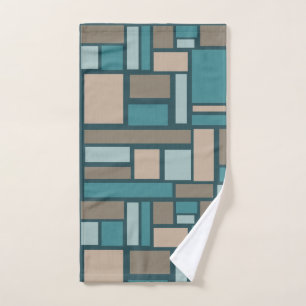 Midcentury Rectangles Pattern Teal & Gold Hand Towel
