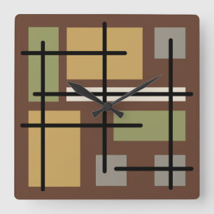 Midcentury Rectangles Squares Brown Multicolored Square Wall Clock
