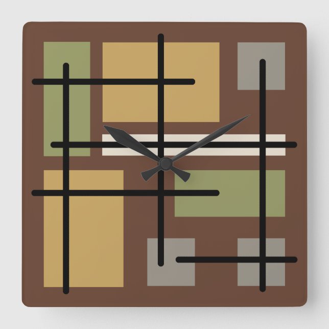 Midcentury Rectangles Squares Brown Multicolored Square Wall Clock (Front)