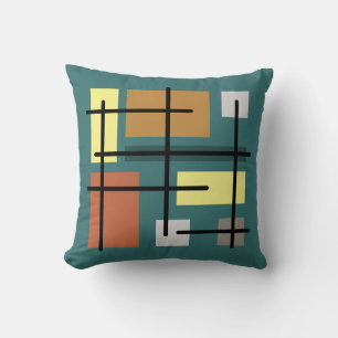 Midcentury Rectangles Squares Teal Multicolored Throw Pillow