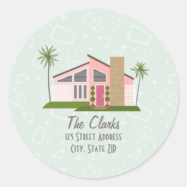 Midcentury Retro Pink House Address Classic Round  Classic Round Sticker (Front)