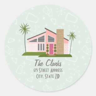 Midcentury Retro Pink House Address Classic Round  Sticker