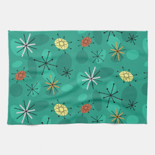 Midcentury Sputnik Starbursts Turquoise Kitchen Towel