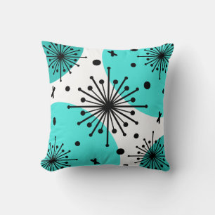 Midcentury Sputnik Starbursts Turquoise Throw Pillow