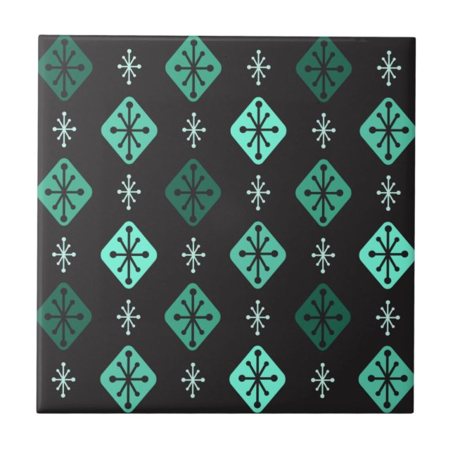 Midcentury Starbursts Diamonds Black Turquoise Tile (Front)