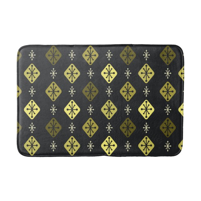 Midcentury Starbursts Diamonds Black Yellow Bath Mat (Front)