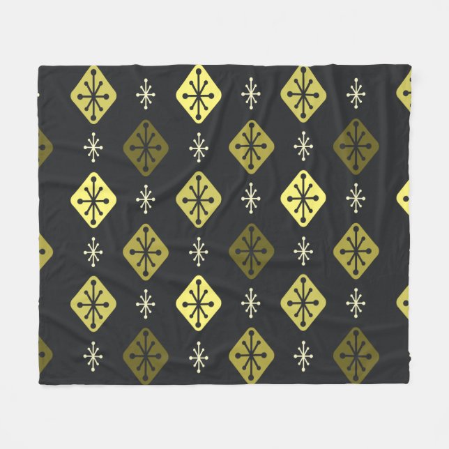 Midcentury Starbursts Diamonds Black Yellow Fleece Blanket (Front (Horizontal))