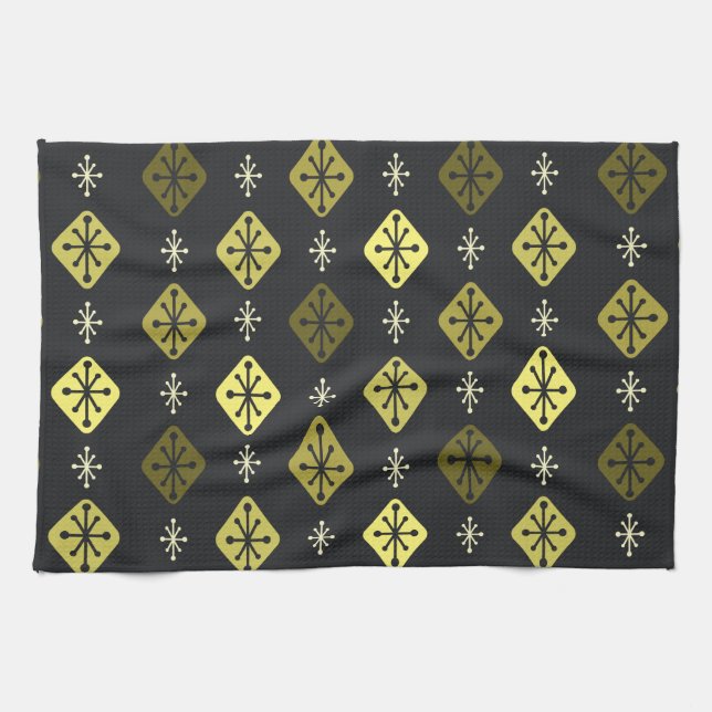 Midcentury Starbursts Diamonds Black Yellow Kitchen Towel (Horizontal)