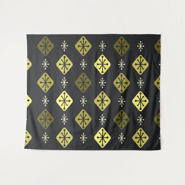 Midcentury Starbursts Diamonds Black Yellow Tapestry (Front (Horizontal))